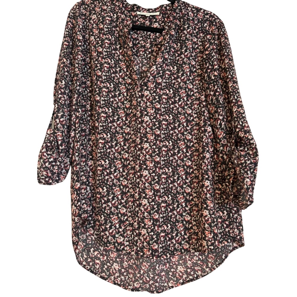Daniel Rainn Floral V-Neck Roll Tab‎ Sleeve Blouse Blk Red White Large Z14105PR1